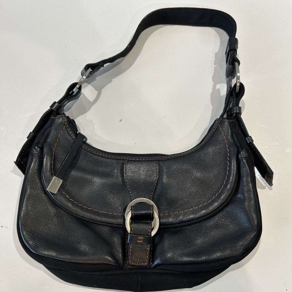 Kenneth Cole New York Shoulder Bag Black Leather & Nylon Purse Hobo
